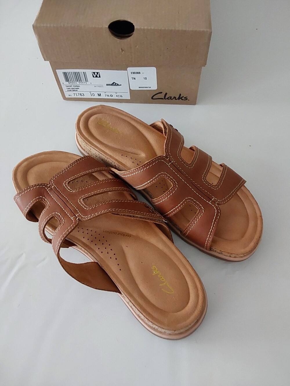 Clarks Women’s Tan Leather Dual-Strap Slide Sandals
